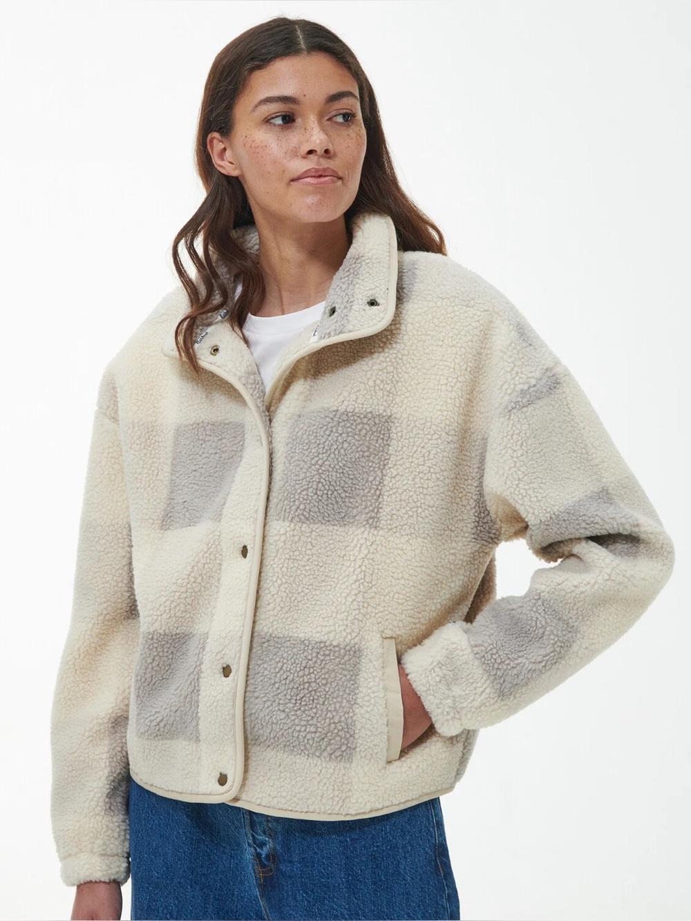 Barbour Overlayer Lichen 6 Sherpa Fleece Jacket Coat Boxy Cropped Plaid Cream